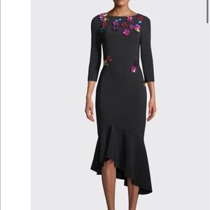 Theia 3/4-Sleeve Crepe 3D Floral Dress